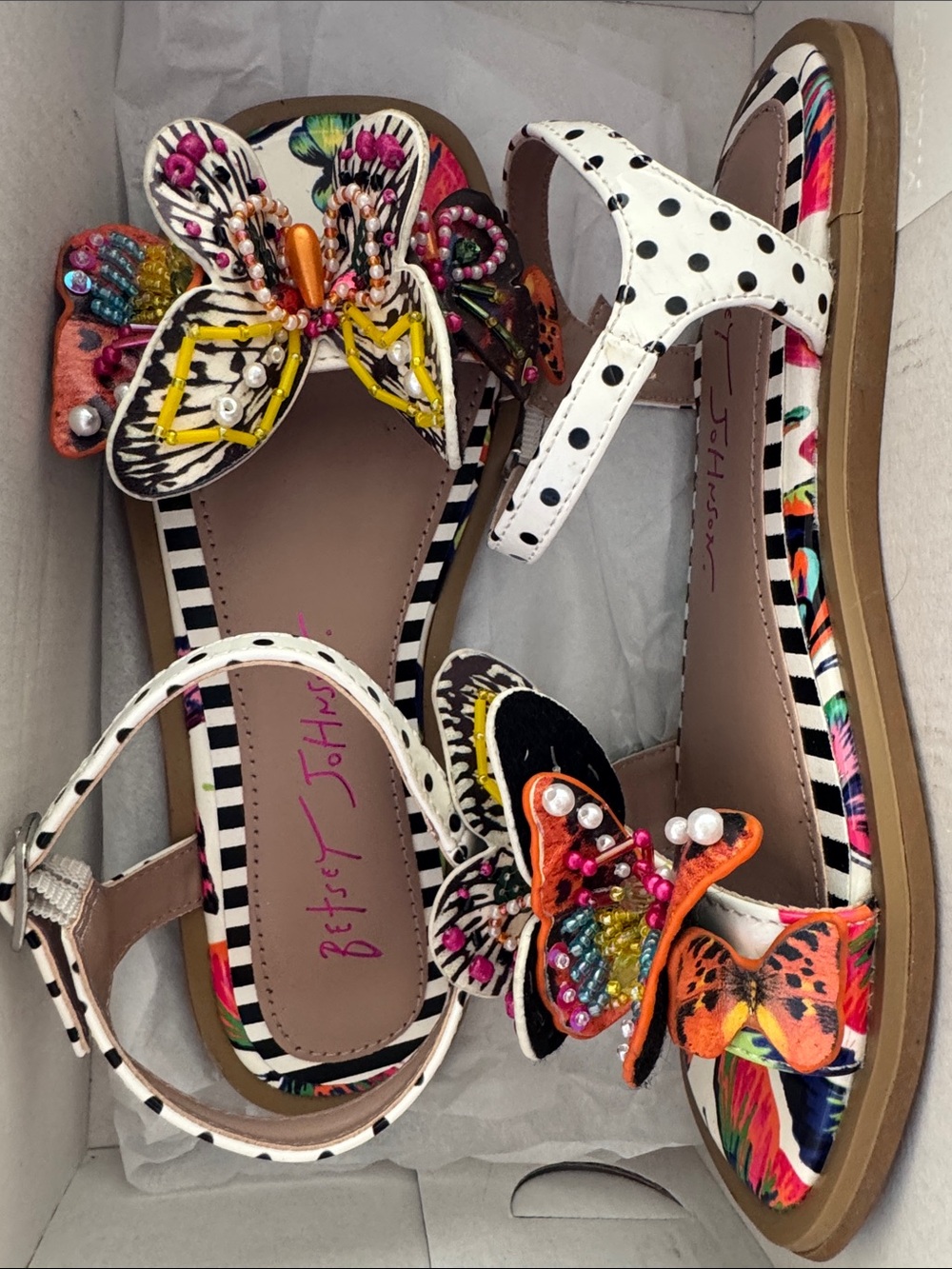 Betsey Johnson White Polka Dot Butterfly Beaded Kids Sandals